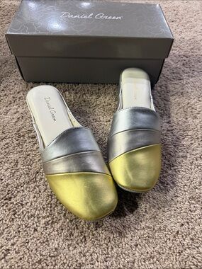 Daniel Green Metallic Color Block Slide Mules in Silver and Gold